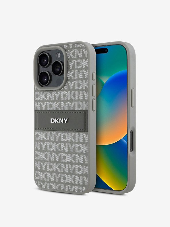 DKNY DKNY PU Leather Repeat Pattern Tonal Stripe Zadní Kryt pro iPhone 16 Pro Max Beige