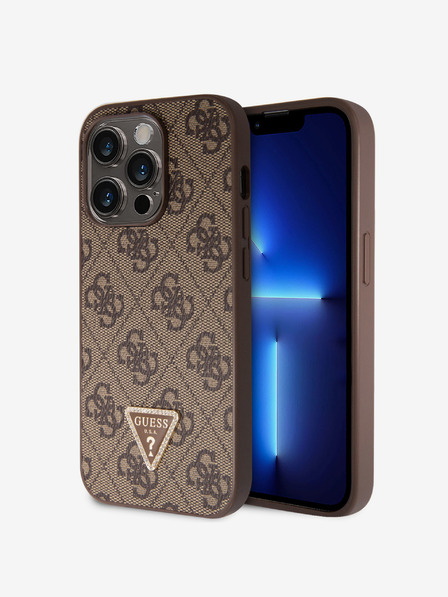 Guess Guess PU 4G Strass Triangle Metal Logo Zadní Kryt pro iPhone 15 Pro Brown