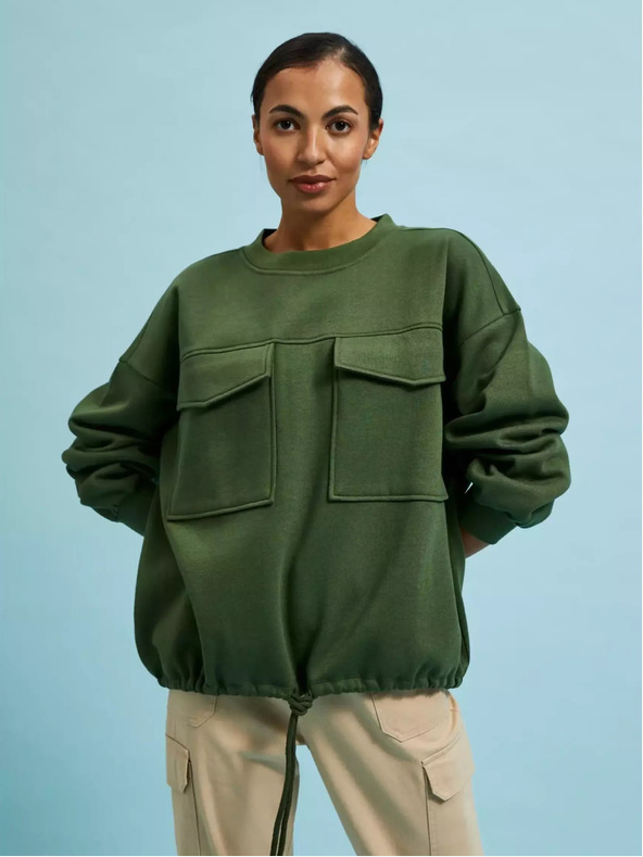 Moodo Khaki mikina s velkými kapsami a zavazováním v pasev Moodo