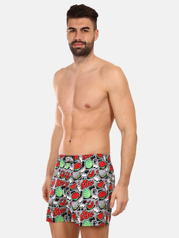 Styx Šedo-červené pánské vzorované trenýrky Styx premium art Melouny