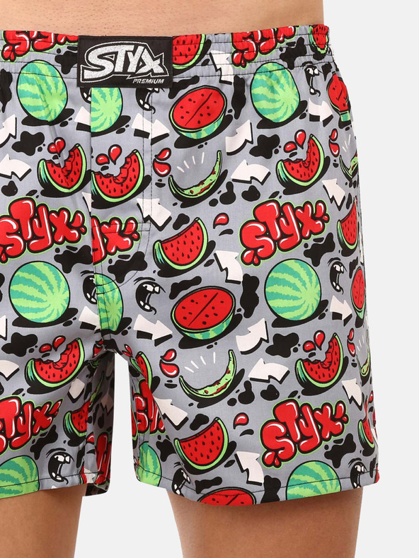 Styx Šedo-červené pánské vzorované trenýrky Styx premium art Melouny