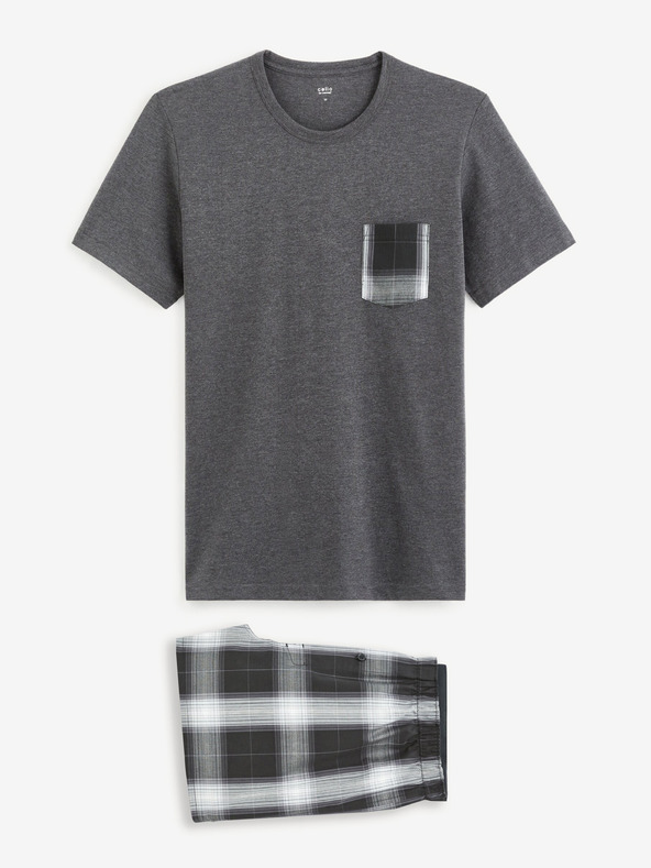 Celio Šedé pánské kostkované krátké pyžamo Celio Gipyshort2