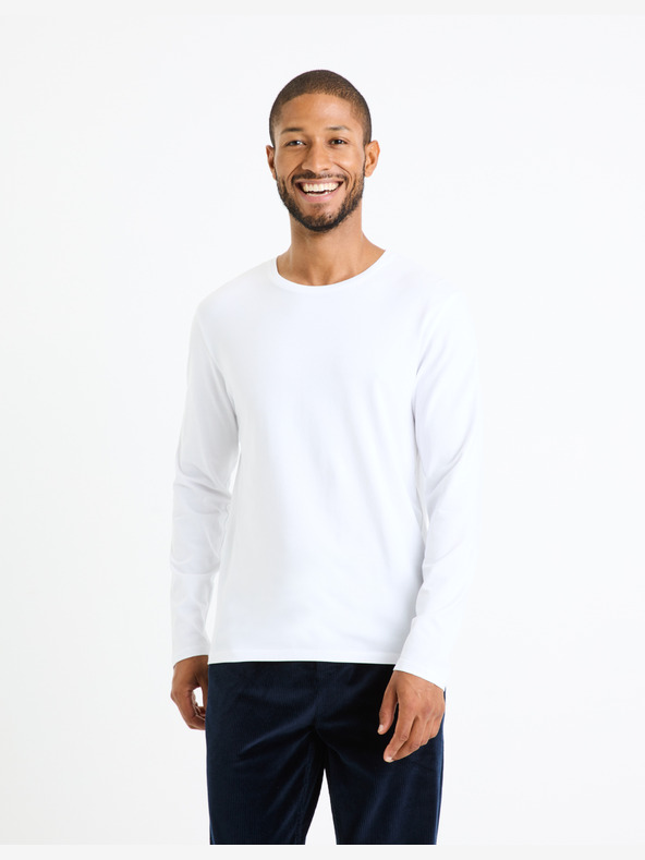 Celio Bílé pánské tričko s dlouhým rukávem Celio Fabeille2 regular