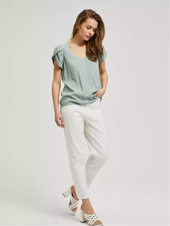 Moodo Zelené tričko s výstřihem do V a nabíranými rukávy Moodo