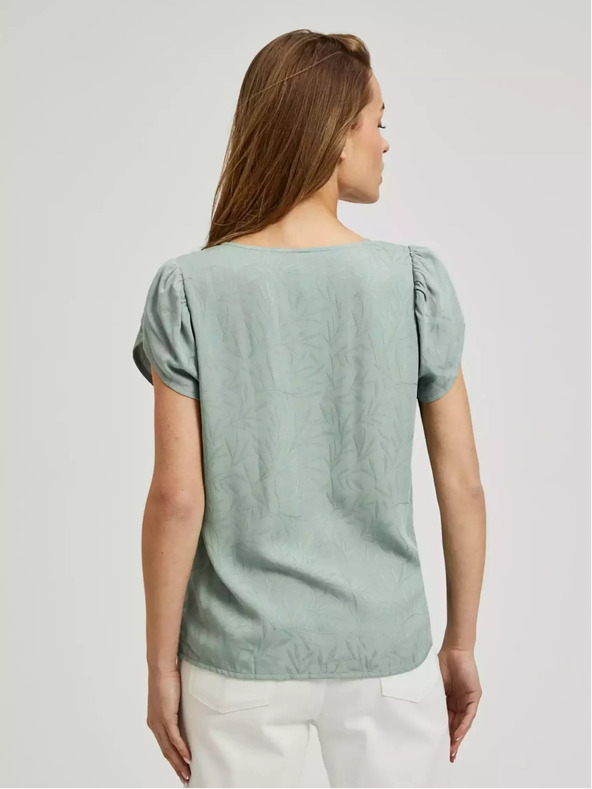 Moodo Zelené tričko s výstřihem do V a nabíranými rukávy Moodo