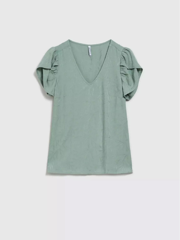 Moodo Zelené tričko s výstřihem do V a nabíranými rukávy Moodo