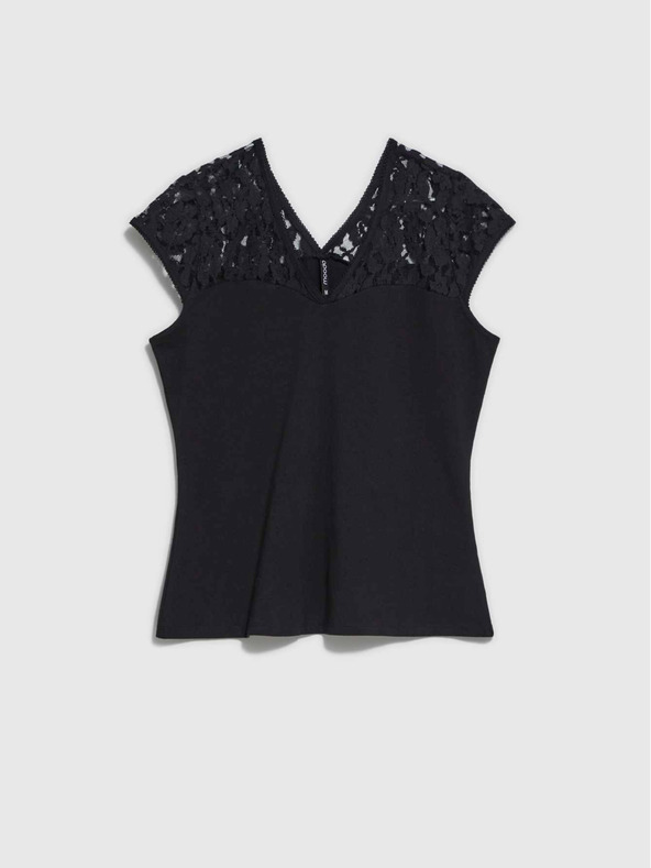 Moodo Černé tričko s výstřihem do V a  krajkou Moodo