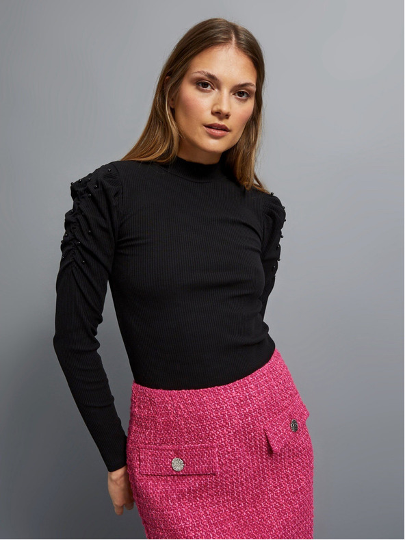 Moodo Černá dámská žebrovaná halenka s nabíranými rukávy a rolákem Moodo