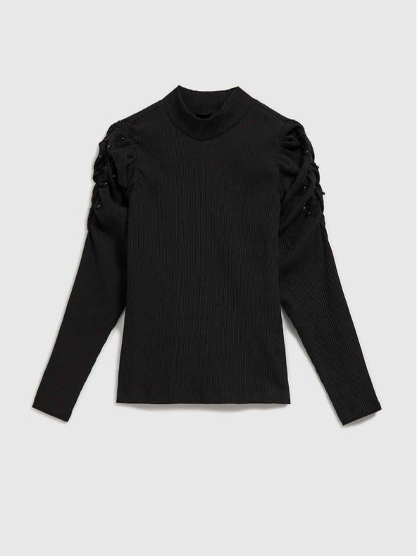 Moodo Černá dámská žebrovaná halenka s nabíranými rukávy a rolákem Moodo