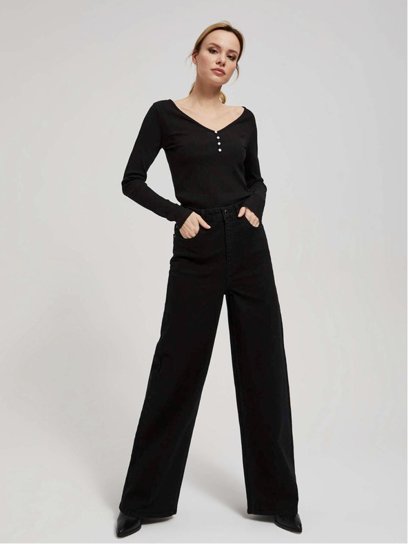 Moodo Černé dámské žebrované tričko s knoflíky Moodo