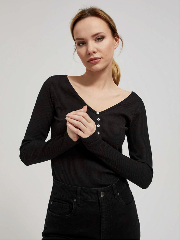 Moodo Černé dámské žebrované tričko s knoflíky Moodo