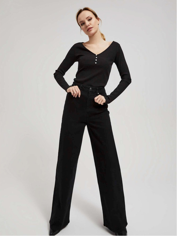 Moodo Černé dámské žebrované tričko s knoflíky Moodo