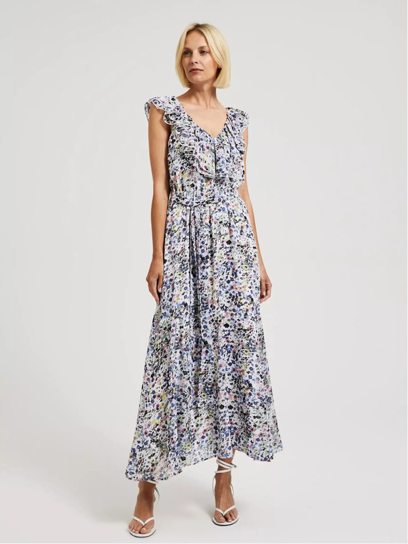 Moodo Modré květované šaty s volánem na výstřihu Moodo