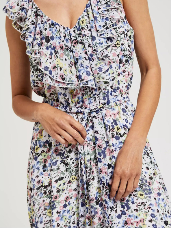 Moodo Modré květované šaty s volánem na výstřihu Moodo