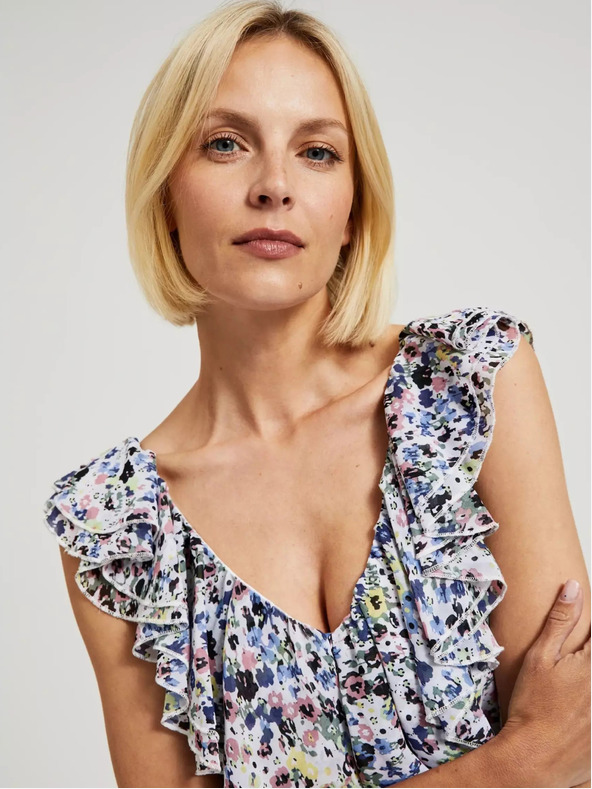 Moodo Modré květované šaty s volánem na výstřihu Moodo