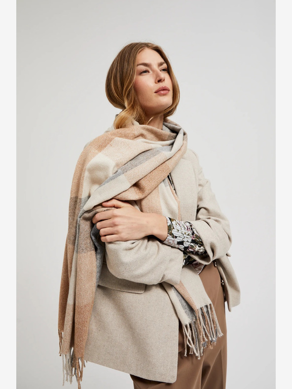Moodo Šedo-béžová dámská kostkovaná šála Moodo