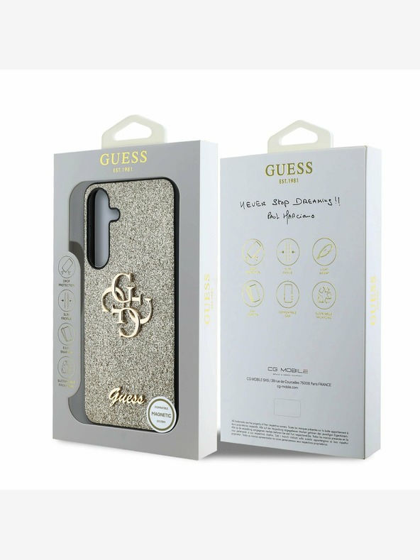 Guess Guess PU Fixed Glitter 4G Metal Logo Zadní Kryt pro Samsung Galaxy S25 Gold