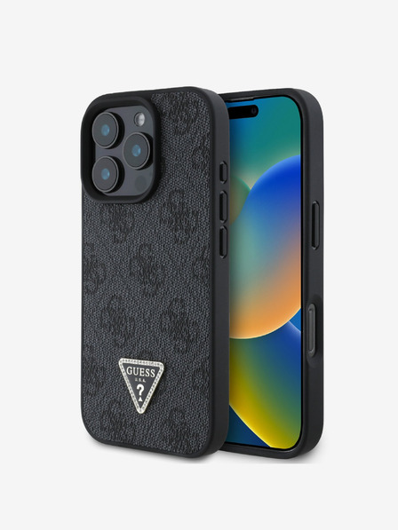 Guess PU 4G Strass Triangle Metal Logo Zadní Kryt pro iPhone 16 Pro Black Obal na telefon