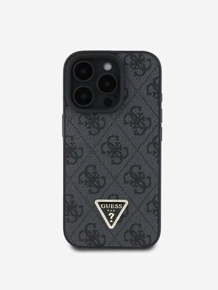 Guess PU 4G Strass Triangle Metal Logo Zadní Kryt pro iPhone 16 Pro Black Obal na telefon
