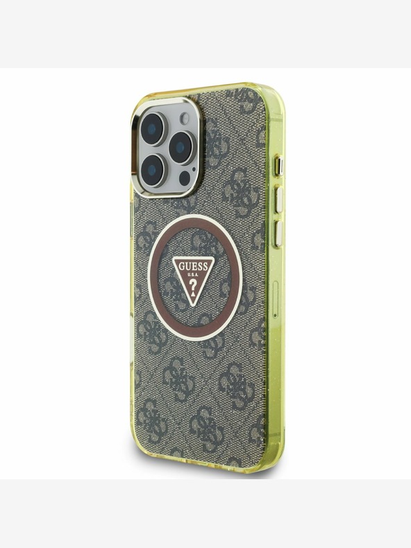 Guess Guess IML 4G Glitter and Triangle Logo MagSafe Zadní Kryt pro iPhone 16 Pro Brown