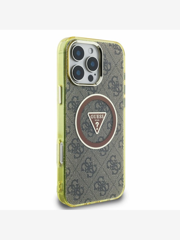 Guess Guess IML 4G Glitter and Triangle Logo MagSafe Zadní Kryt pro iPhone 16 Pro Brown