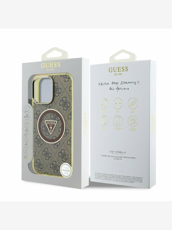 Guess Guess IML 4G Glitter and Triangle Logo MagSafe Zadní Kryt pro iPhone 16 Pro Brown