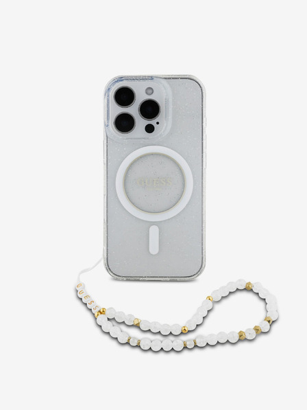 Guess IML Glitter Beads Strap MagSafe Zadní Kryt pro iPhone 16 Pro Max Transparent Obal na telefon