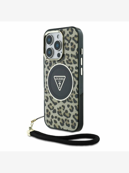 Guess Guess IML Leopard Triangle Logo Strap MagSafe Zadní Kryt pro iPhone 16 Pro Max Brown
