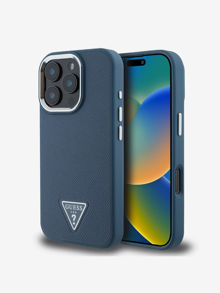 Guess Guess PU Grained Triangle Logo Zadní Kryt pro iPhone 16 Pro Blue