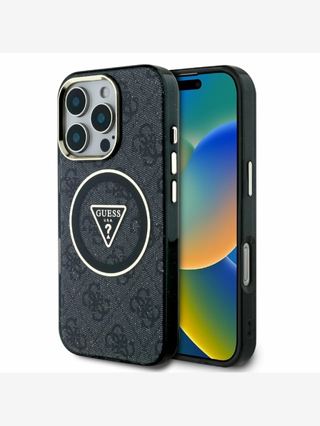 Guess Guess IML 4G Glitter and Triangle Logo MagSafe Zadní Kryt pro iPhone 16 Pro Max Black