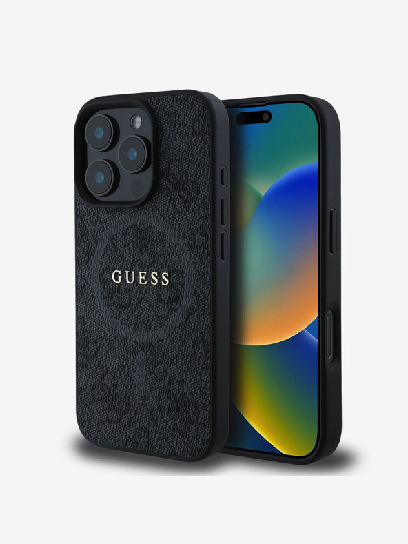 Guess PU Leather 4G Colored Ring MagSafe Zadní Kryt pro iPhone 16 Pro Black Obal na telefon