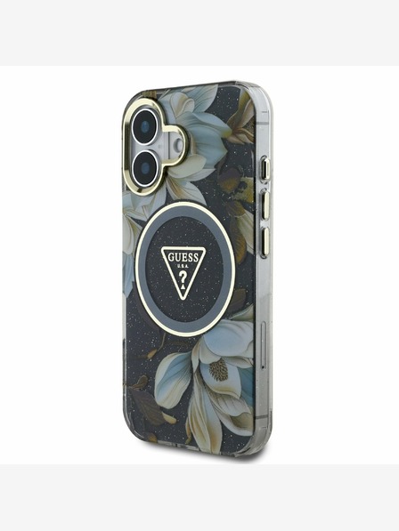 Guess Guess IML Glitter Magnolia and Triangle Logo MagSafe Zadní Kryt pro iPhone 16 Black