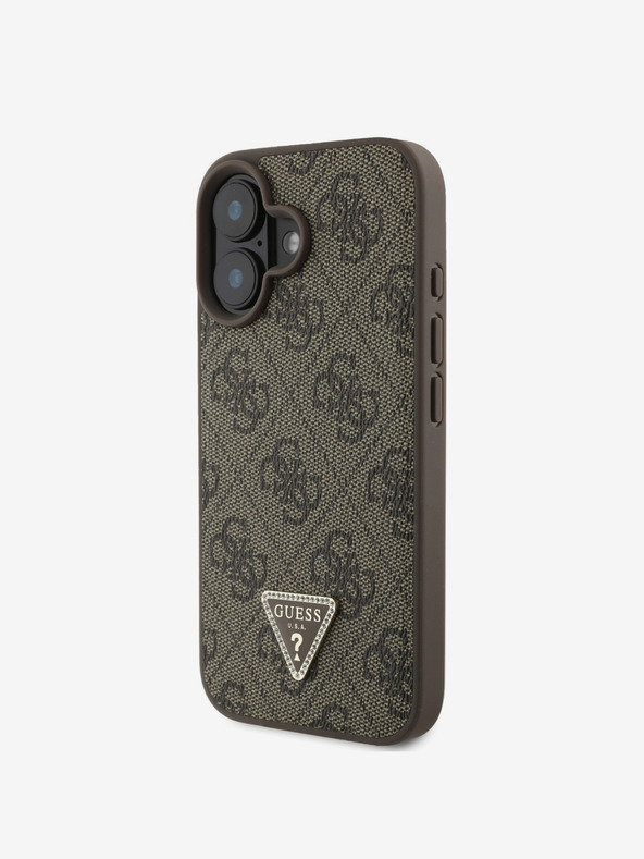 Guess Guess PU 4G Strass Triangle Metal Logo Zadní Kryt pro iPhone 16 Brown