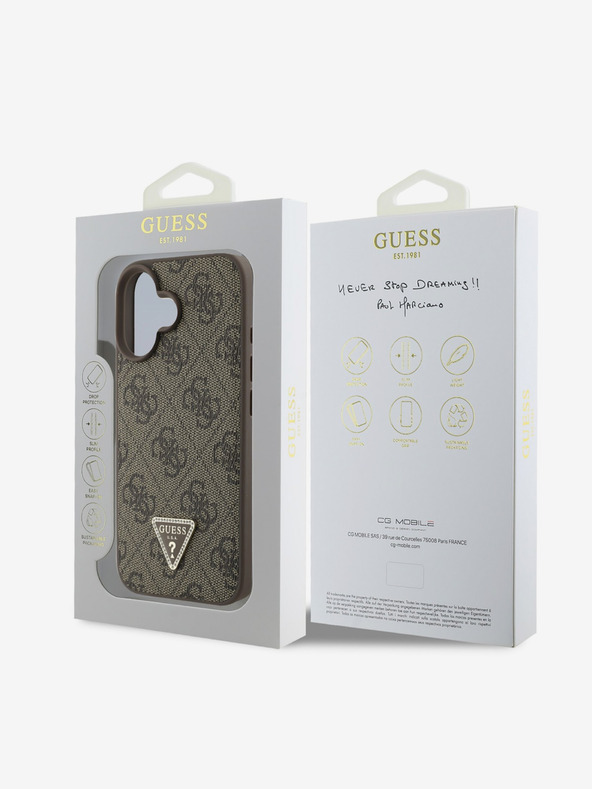 Guess Guess PU 4G Strass Triangle Metal Logo Zadní Kryt pro iPhone 16 Brown