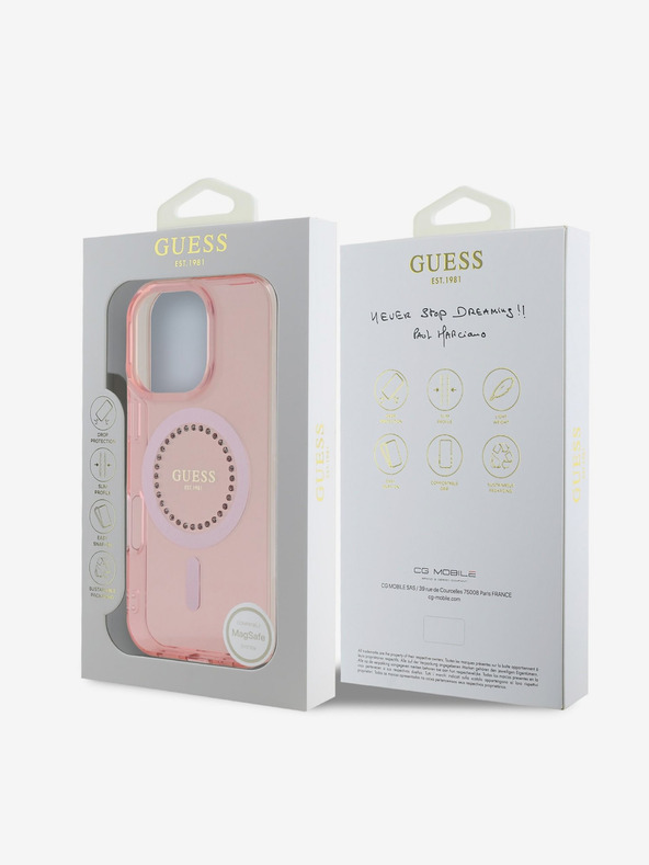 Guess Guess IML Rhinestones Ring MagSafe Zadní Kryt pro iPhone 16 Pro Pink