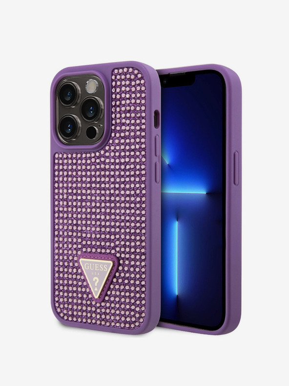 Guess Guess Rhinestones Triangle Metal Logo Kryt pro iPhone 15 Pro Purple