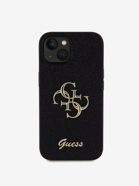 Guess PU Fixed Glitter 4G Metal Logo Zadní Kryt pro iPhone 15 Black Obal na telefon