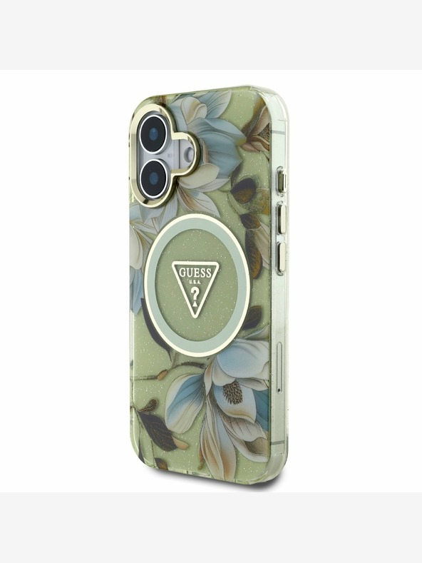 Guess Guess IML Glitter Magnolia and Triangle Logo MagSafe Zadní Kryt pro iPhone 16 Green