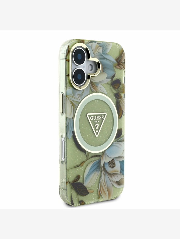 Guess Guess IML Glitter Magnolia and Triangle Logo MagSafe Zadní Kryt pro iPhone 16 Green