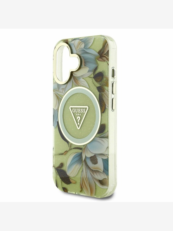 Guess Guess IML Glitter Magnolia and Triangle Logo MagSafe Zadní Kryt pro iPhone 16 Green