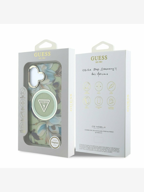 Guess Guess IML Glitter Magnolia and Triangle Logo MagSafe Zadní Kryt pro iPhone 16 Green