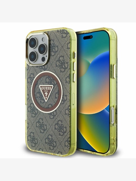 Guess Guess IML 4G Glitter and Triangle Logo MagSafe Zadní Kryt pro iPhone 16 Pro Max Brown