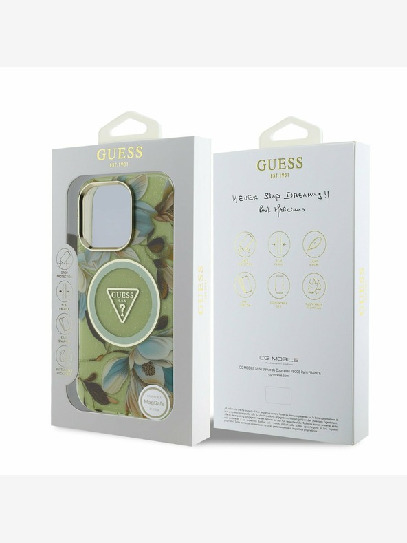 Guess Guess IML Glitter Magnolia and Triangle Logo MagSafe Zadní Kryt pro iPhone 16 Pro Max Green