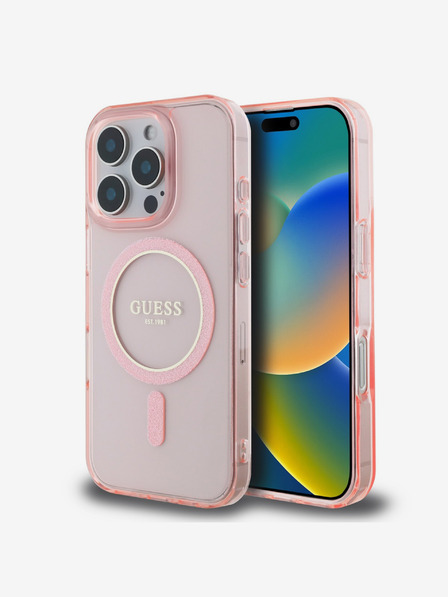 Guess Guess IML Glitter Ring MagSafe Zadní Kryt pro iPhone 16 Pro Pink