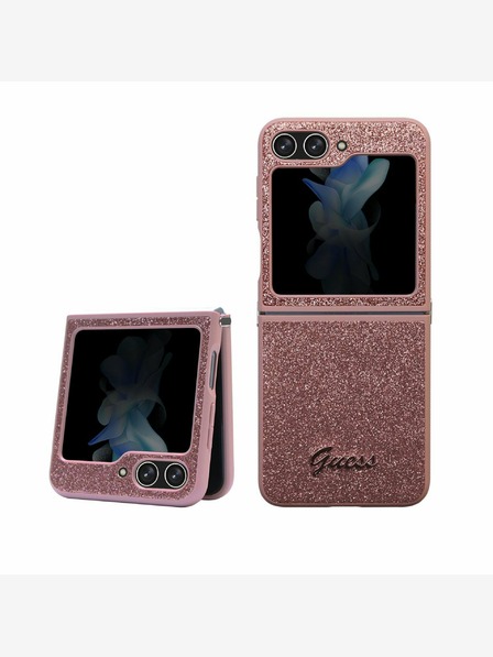 Guess PC/TPU Glitter Flakes Metal Logo Zadní Kryt pro Samsung Galaxy Z Flip 5 Pink Obal na telefon