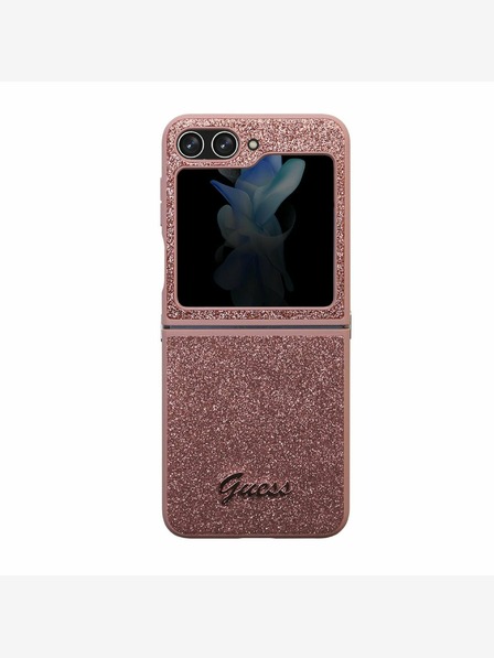 Guess PC/TPU Glitter Flakes Metal Logo Zadní Kryt pro Samsung Galaxy Z Flip 5 Pink Obal na telefon