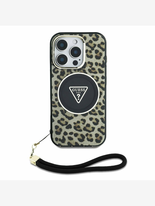 Guess Guess IML Leopard Triangle Logo Strap MagSafe Zadní Kryt pro iPhone 16 Pro Brown
