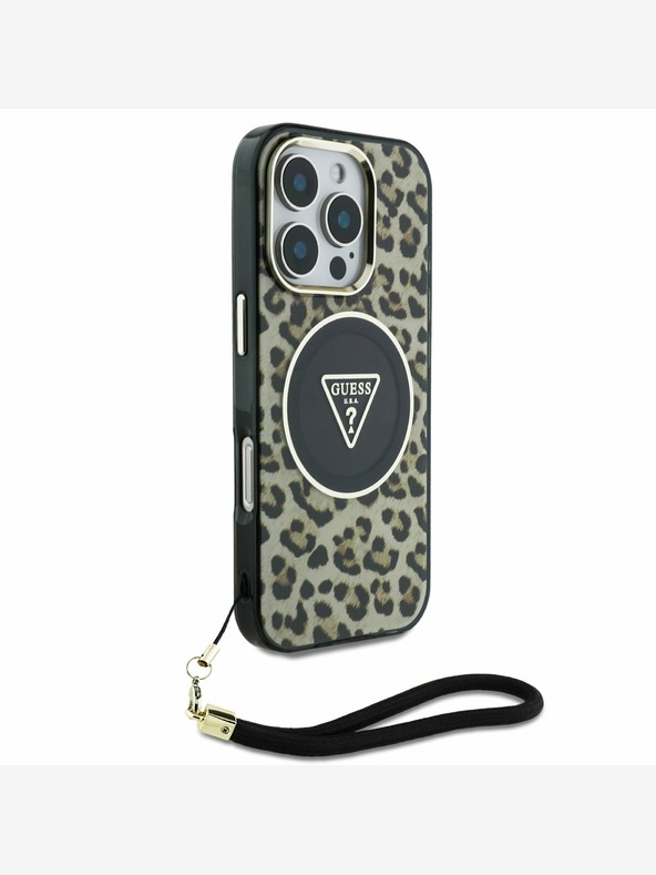 Guess Guess IML Leopard Triangle Logo Strap MagSafe Zadní Kryt pro iPhone 16 Pro Brown