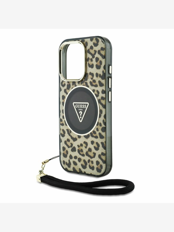 Guess Guess IML Leopard Triangle Logo Strap MagSafe Zadní Kryt pro iPhone 16 Pro Brown