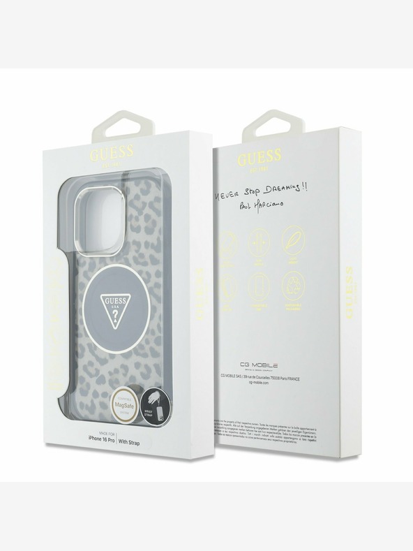 Guess Guess IML Leopard Triangle Logo Strap MagSafe Zadní Kryt pro iPhone 16 Pro Brown